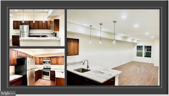 kitchen with appliances with stainless steel finishes, sink, light hardwood / wood-style flooring, and light stone counters