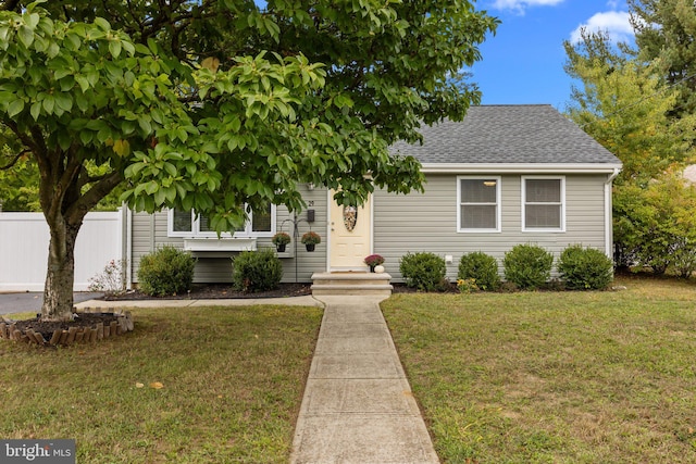 obstructed view of property with roof with shingles, a front yard, and fence