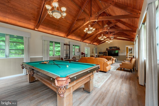 rec room with wood ceiling, pool table, lofted ceiling with beams, and hardwood / wood-style flooring