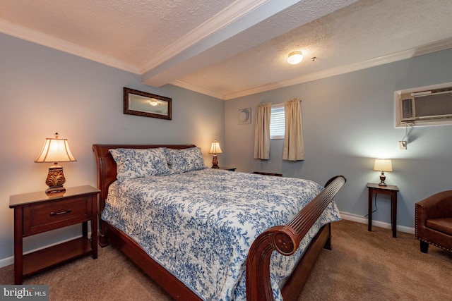 bedroom with a textured ceiling, crown molding, carpet flooring, and an AC wall unit