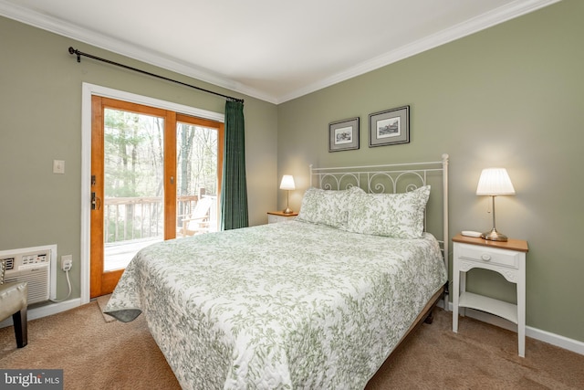 bedroom featuring light colored carpet, access to exterior, ornamental molding, and an AC wall unit