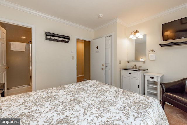 bedroom featuring carpet, ornamental molding, sink, and a closet