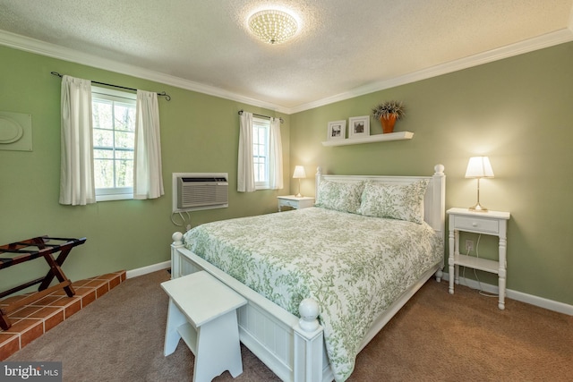 carpeted bedroom featuring a textured ceiling, crown molding, multiple windows, and an AC wall unit