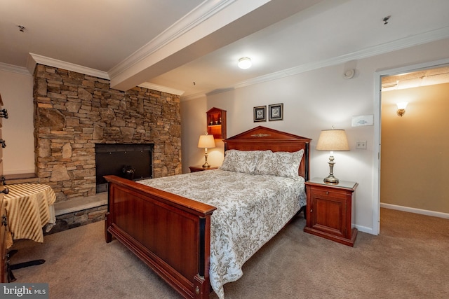 carpeted bedroom featuring ornamental molding, beam ceiling, and a stone fireplace