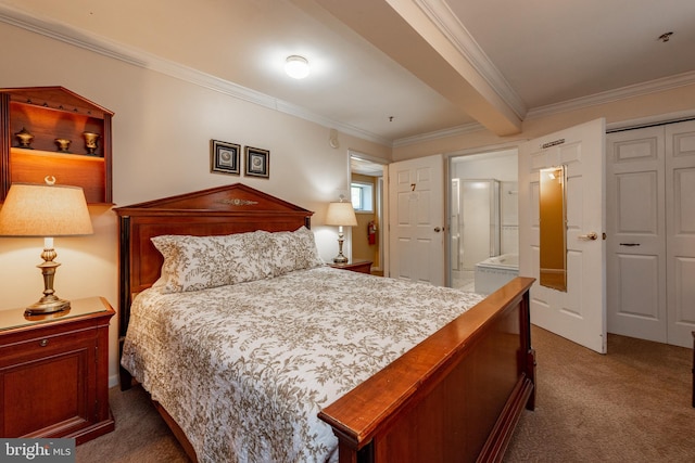 carpeted bedroom with connected bathroom, a closet, crown molding, and beam ceiling