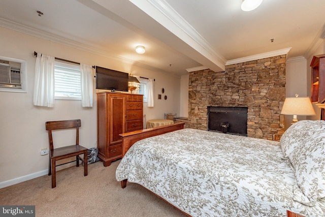 bedroom featuring a stone fireplace, beam ceiling, light colored carpet, and crown molding