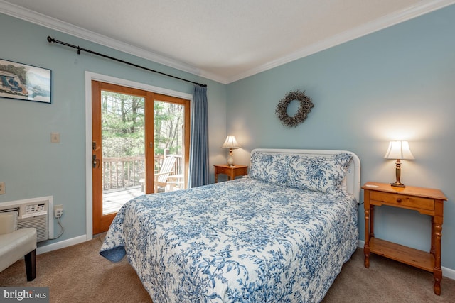 bedroom featuring ornamental molding, a wall unit AC, access to exterior, and light carpet