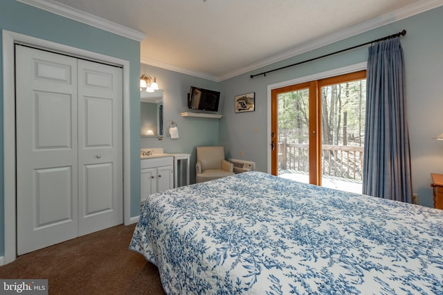 carpeted bedroom with ornamental molding, a closet, and access to outside