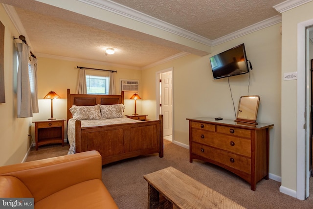 carpeted bedroom with a textured ceiling, crown molding, and an AC wall unit