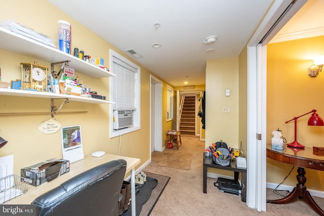 home office with cooling unit and carpet