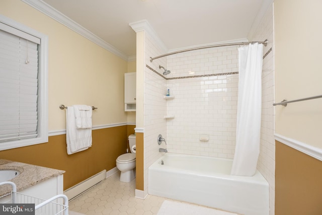 full bathroom with baseboard heating, crown molding, shower / bath combo with shower curtain, vanity, and toilet