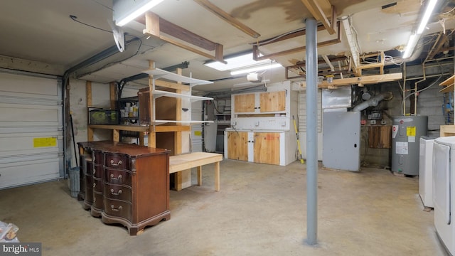 basement featuring water heater and heating unit