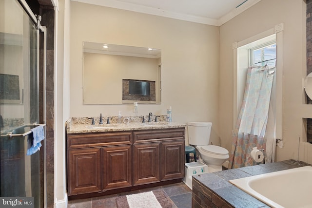 full bathroom with ornamental molding, vanity, toilet, and separate shower and tub