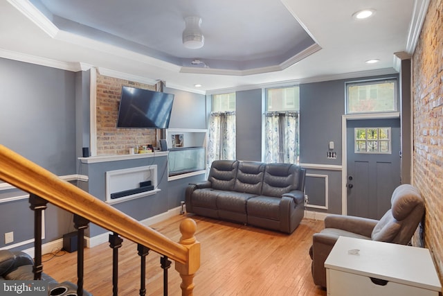 living room featuring a raised ceiling, light hardwood / wood-style floors, and crown molding