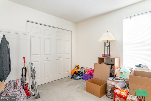 recreation room with light carpet