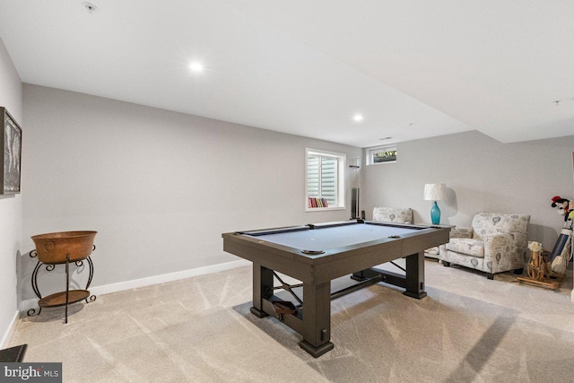 rec room featuring light colored carpet and billiards