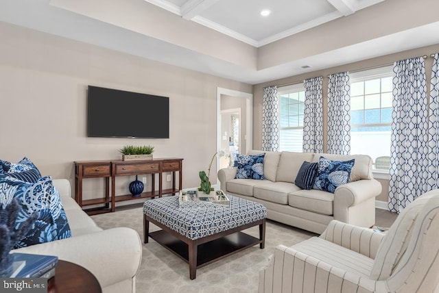 living room with beamed ceiling and crown molding