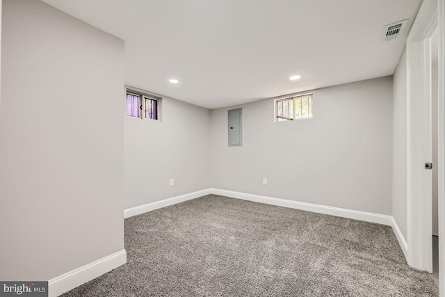 basement with carpet floors and electric panel