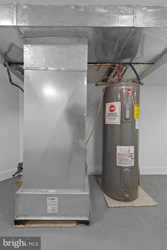 utility room with electric water heater and heating unit