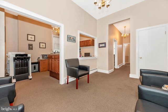 sitting room with vaulted ceiling, an inviting chandelier, light carpet, and a baseboard radiator