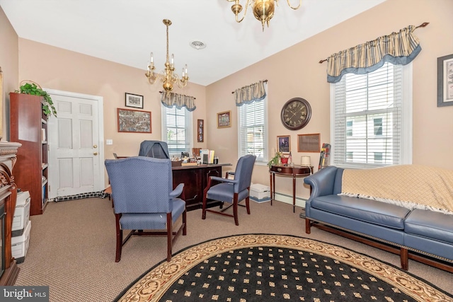 carpeted office featuring a notable chandelier