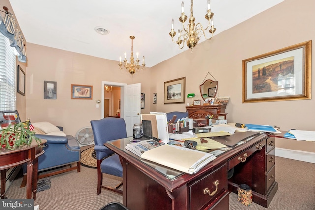 office area with carpet and a chandelier