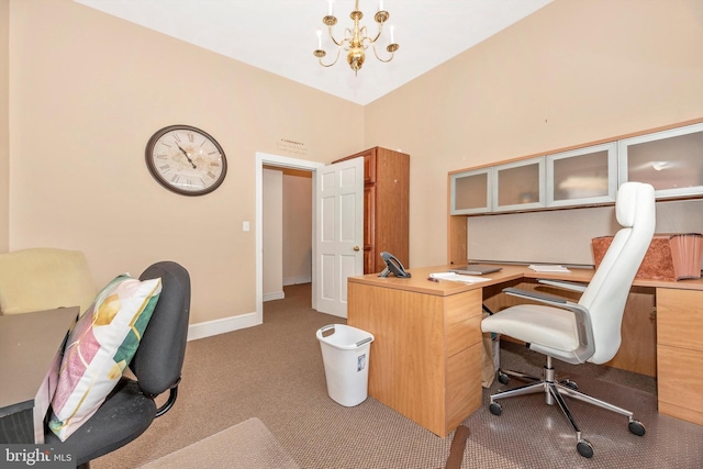 carpeted office space with a notable chandelier