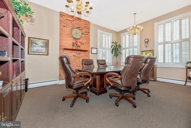 carpeted home office with an inviting chandelier and baseboard heating