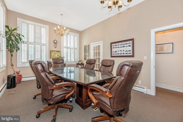 carpeted dining space featuring an inviting chandelier and a baseboard radiator