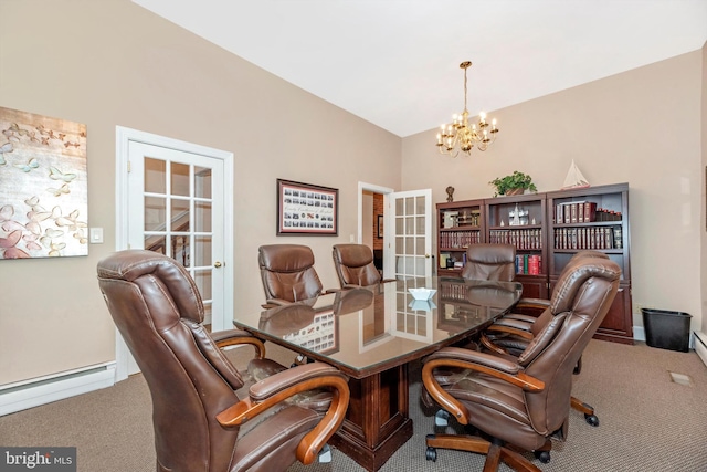 carpeted office featuring french doors, an inviting chandelier, vaulted ceiling, and a baseboard heating unit