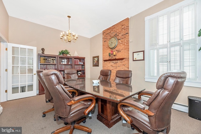 carpeted office space with baseboard heating and a chandelier