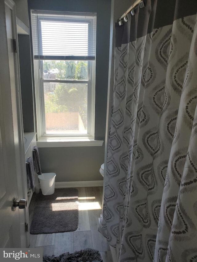 bathroom featuring a wealth of natural light, a shower with curtain, wood-type flooring, and toilet