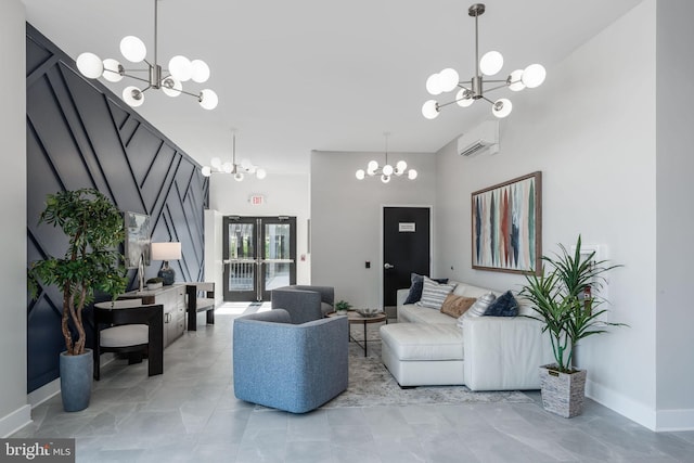 tiled living room with an inviting chandelier, a wall mounted air conditioner, and a high ceiling