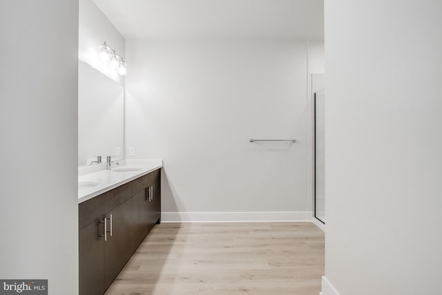 bathroom with walk in shower, vanity, and hardwood / wood-style floors