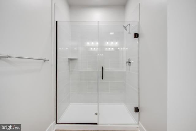 bathroom featuring a shower with shower door