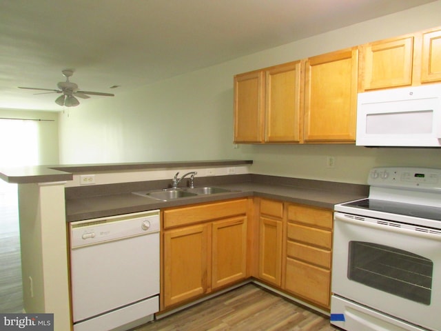 kitchen featuring white appliances, sink, dark wood-type flooring, kitchen peninsula, and ceiling fan