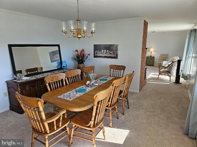 carpeted dining space with a notable chandelier