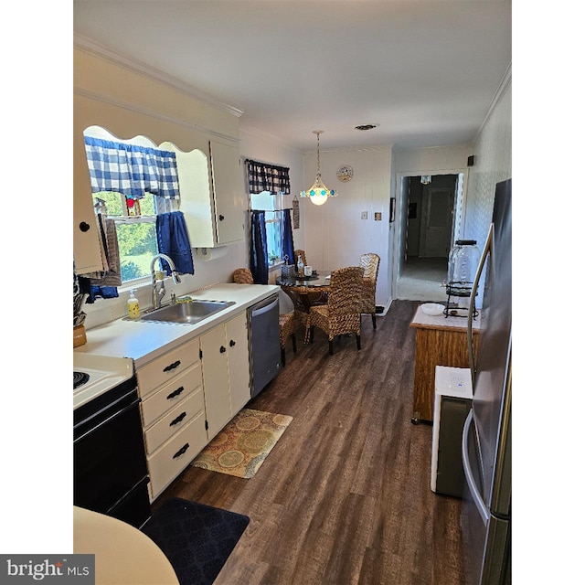 kitchen with pendant lighting, dark hardwood / wood-style floors, sink, white cabinetry, and stainless steel appliances