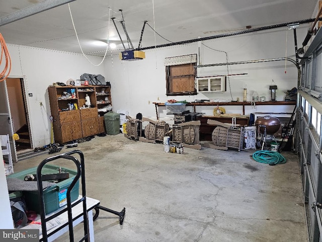 garage with a garage door opener and a workshop area