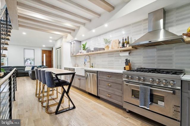 kitchen featuring backsplash, appliances with stainless steel finishes, beamed ceiling, light hardwood / wood-style floors, and wall chimney exhaust hood