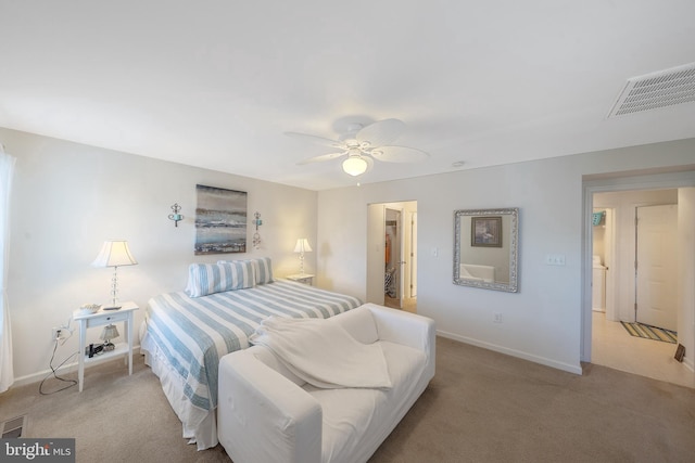 bedroom with light colored carpet and ceiling fan