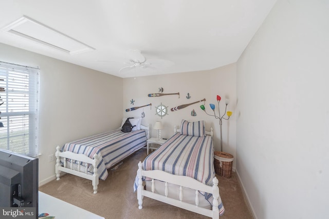 bedroom featuring ceiling fan and carpet floors