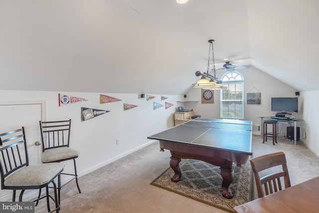 playroom featuring lofted ceiling, light colored carpet, pool table, and ceiling fan