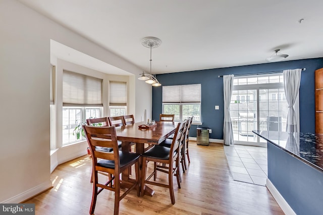 dining space featuring light wood-type flooring and a wealth of natural light