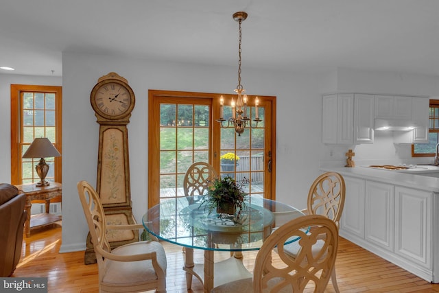 dining room with a notable chandelier, light hardwood / wood-style flooring, and plenty of natural light