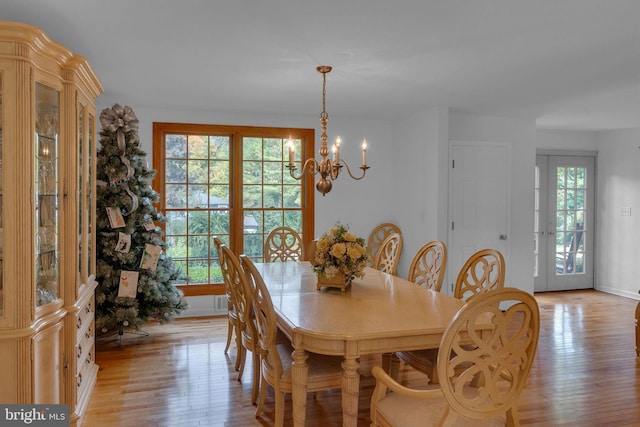 dining room featuring a notable chandelier, light hardwood / wood-style floors, and a wealth of natural light