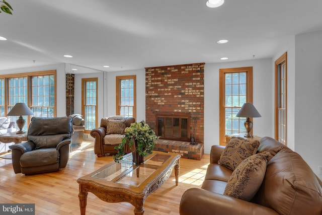 living room featuring light wood-type flooring and a fireplace