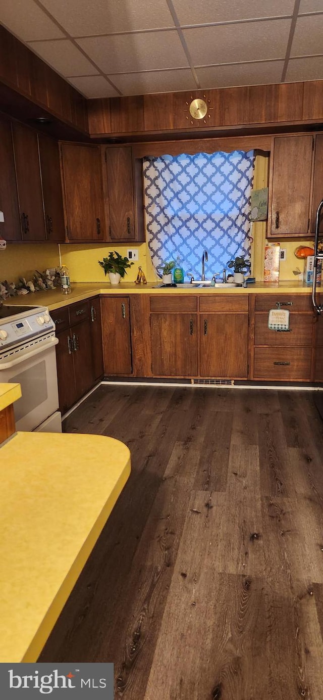 kitchen featuring dark brown cabinets, white electric range, a paneled ceiling, and dark hardwood / wood-style floors