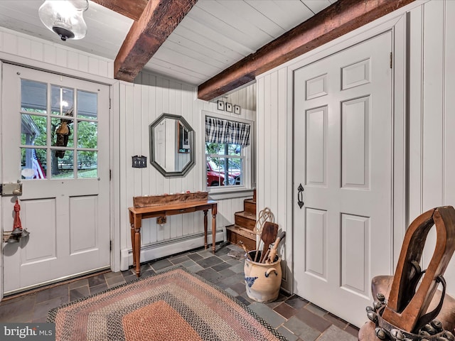 1414 Little Ln, Seven Valleys, PA 17360 - foyer featuring stone tile flooring, baseboard heating, beam ceiling, stairs, and wood walls