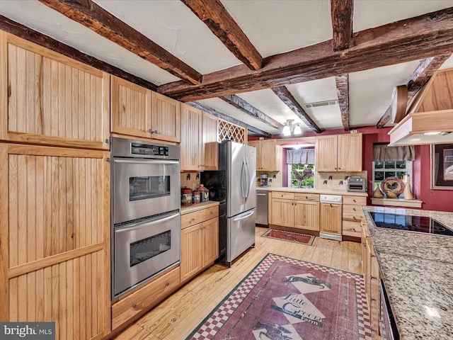 1414 Little Ln, Seven Valleys, PA 17360 - kitchen featuring light wood-style floors, beamed ceiling, light brown cabinetry, and stainless steel appliances